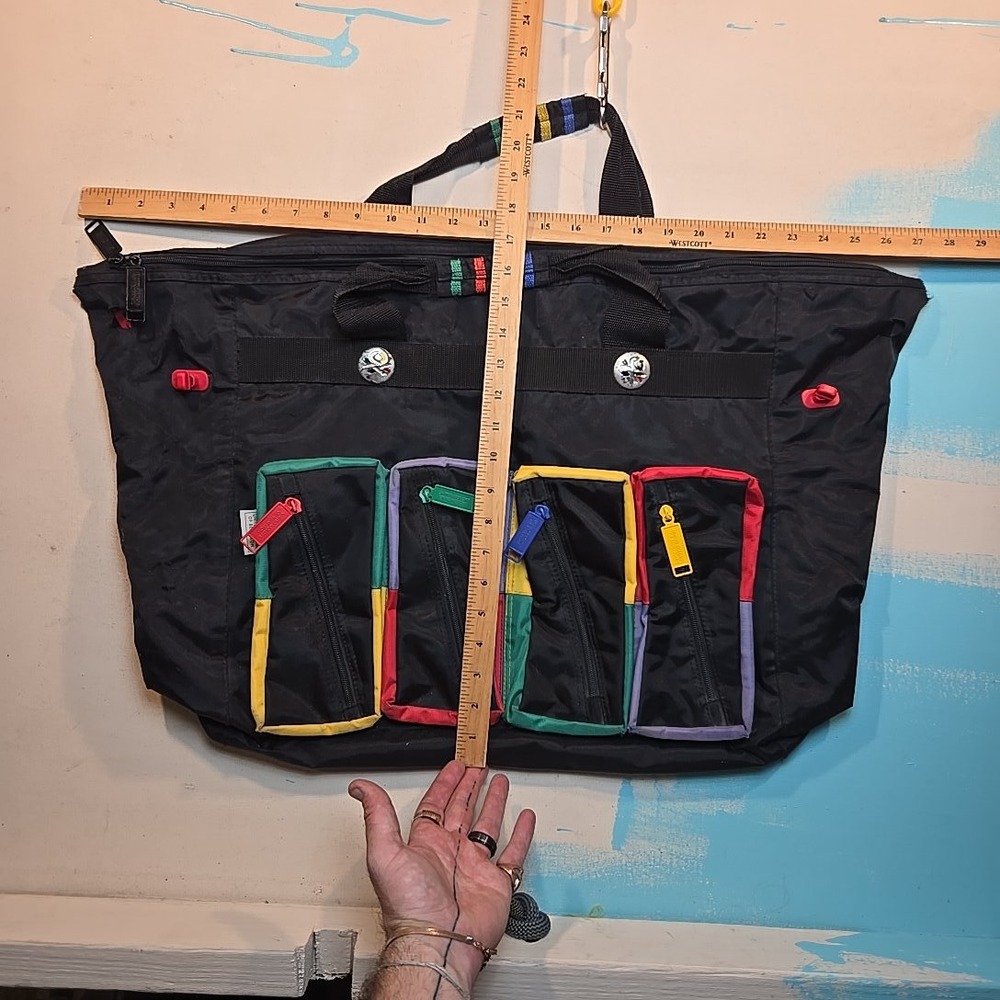 Vtg 1990s United Colors Of Benetton Nylon Duffel Black Logo Colorblock Pockets - Picture 7 of 16